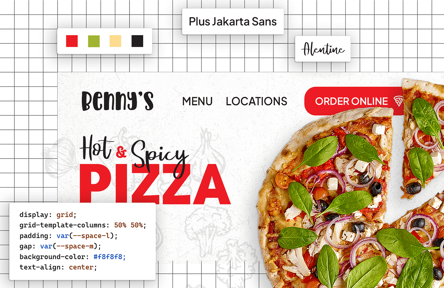 Visualisation of user interface and user experience design by Cherangat for Benny's Pizzeria, showing snippets of colour palettes, typography and code